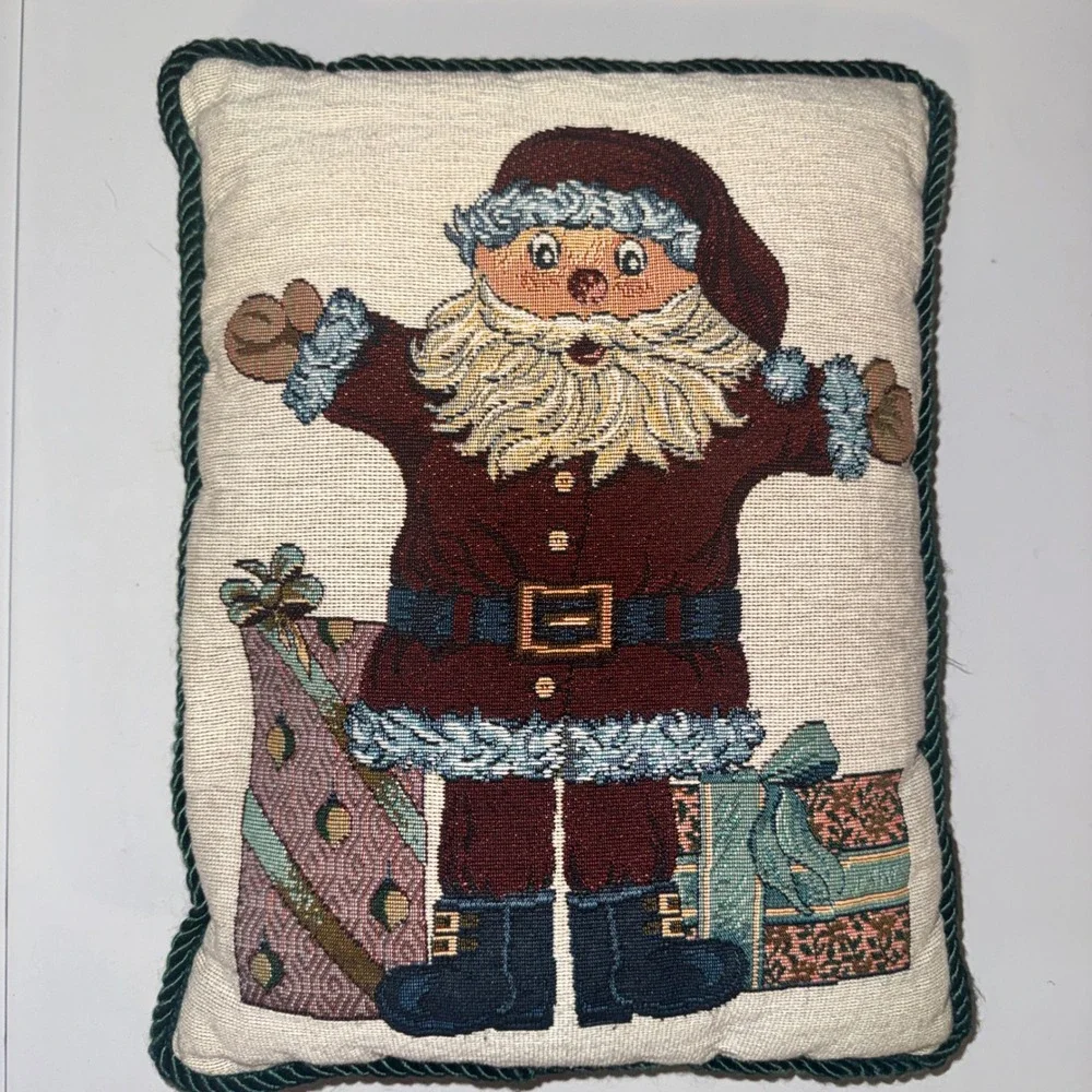 David Carter Brown Deck the Halls Santa Tapestry Throw Pillow Red Green 12x9
